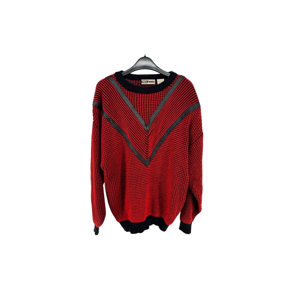 Vintage 90s Urban Works Mens Sweater Red Genuine Black Leather Trim Size Large